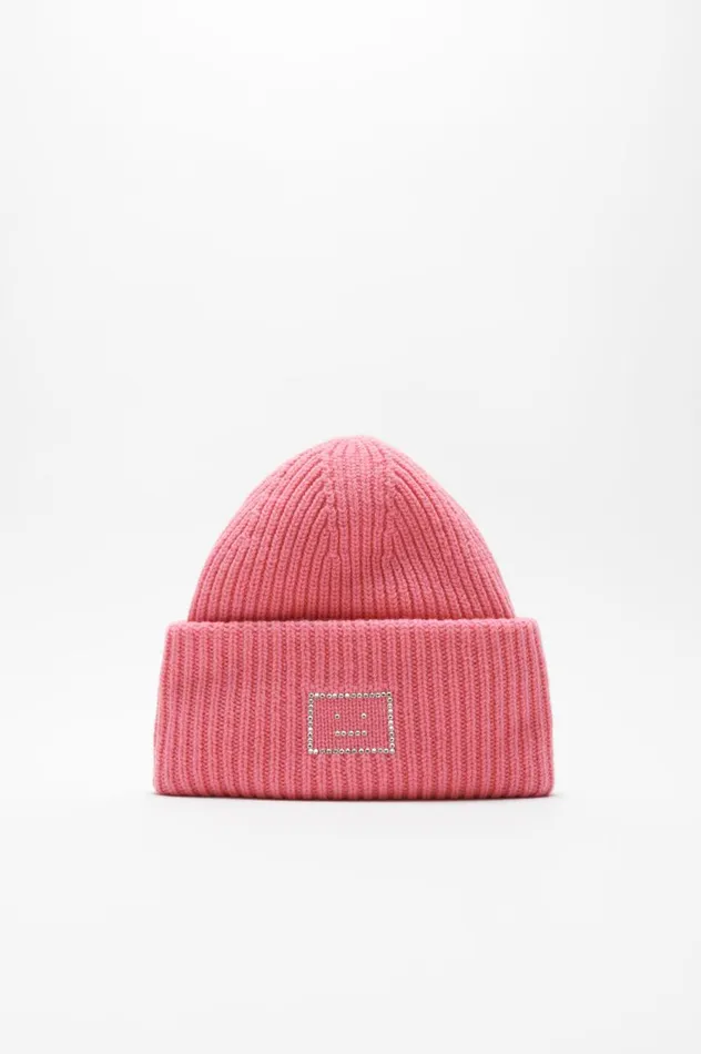 Acne Studios Embellished Face Logo Beanie Tango Pink Women Face Collection