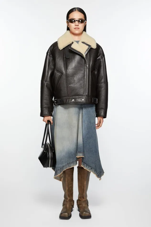 Acne Studios Leather Shearling Jacket Dark Brownbeige Women Outerwear