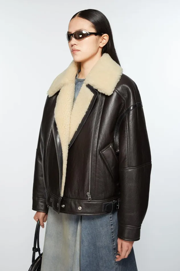 Acne Studios Leather Shearling Jacket Dark Brownbeige Women Outerwear