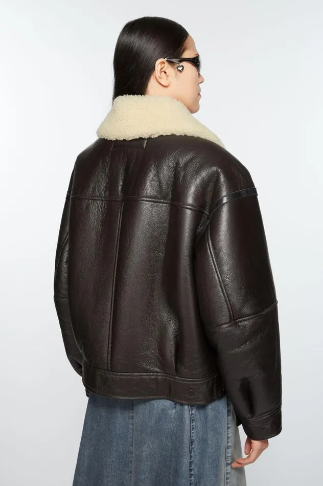 Acne Studios Leather Shearling Jacket Dark Brownbeige Women Outerwear