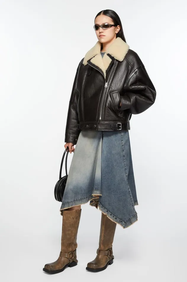 Acne Studios Leather Shearling Jacket Dark Brownbeige Women Outerwear