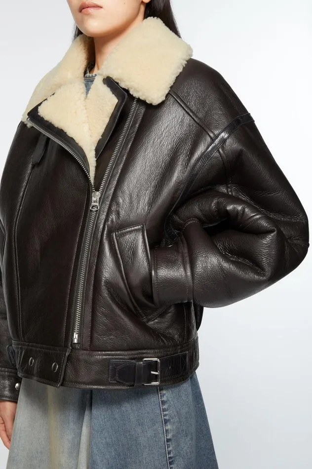Acne Studios Leather Shearling Jacket Dark Brownbeige Women Outerwear