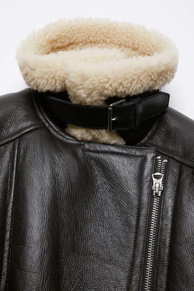 Acne Studios Leather Shearling Jacket Dark Brownbeige Women Outerwear