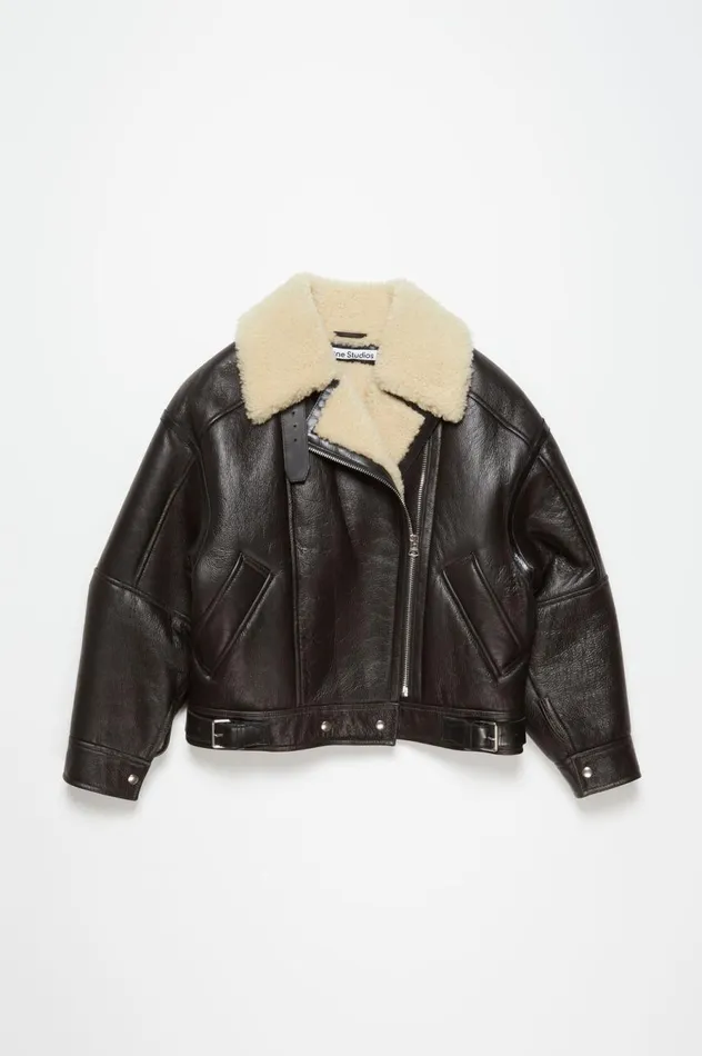 Acne Studios Leather Shearling Jacket Dark Brownbeige Women Outerwear