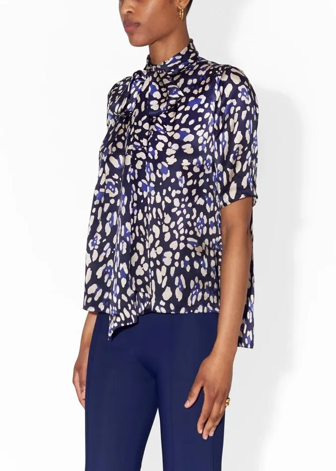 Adam Lippes Tops Pleat Neck Blouse In Printed Charmeuse Blue Leopard 8211 Women Adam Lippes Tops Pleat Neck Blouse In Printed Charmeuse Blue Leopard 8211 Women