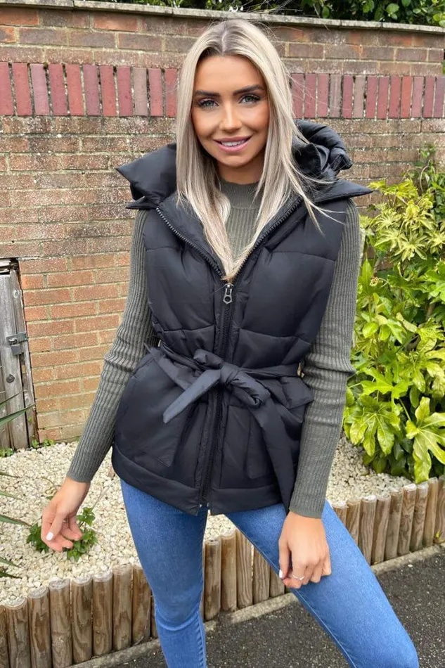 AX Paris Coats 038 Jackets Black Tie Waist Hooded Gilet