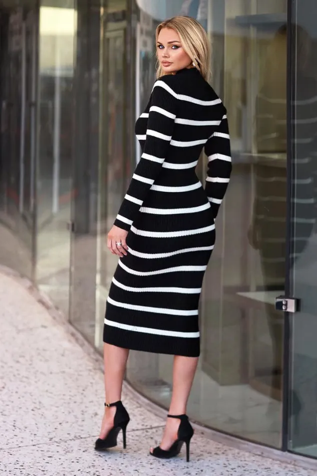 AX Paris Dresses Black And Cream Stripe Bodycon Knit Dress