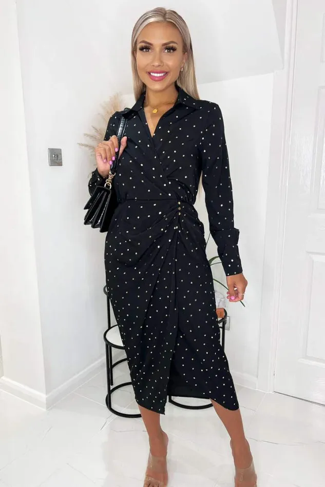 AX Paris Dresses Black And Gold Polka Dot Gathered Midi Dress