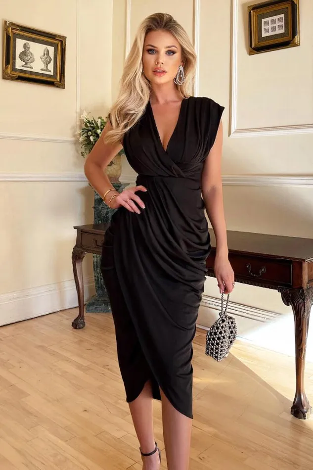 AX Paris Dresses Black Wrap Draped Midi Dress