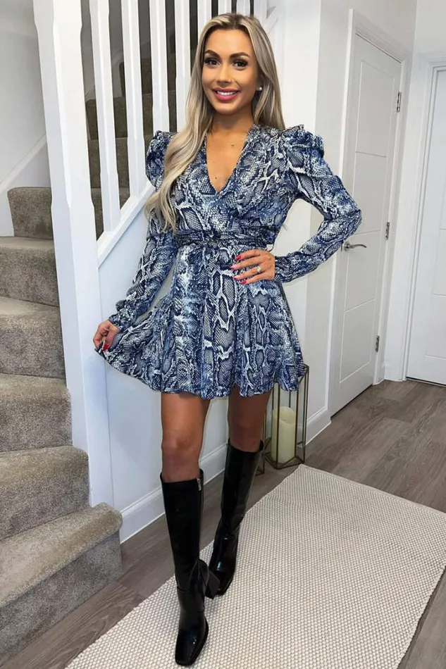 AX Paris Dresses Blue Snake Print Long Puff Sleeve Mini Dress