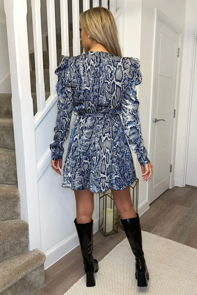 AX Paris Dresses Blue Snake Print Long Puff Sleeve Mini Dress