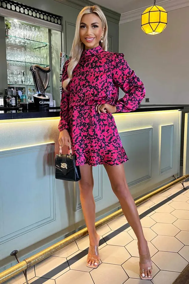 AX Paris Dresses Cerise And Black Printed High Neck Skater Dress