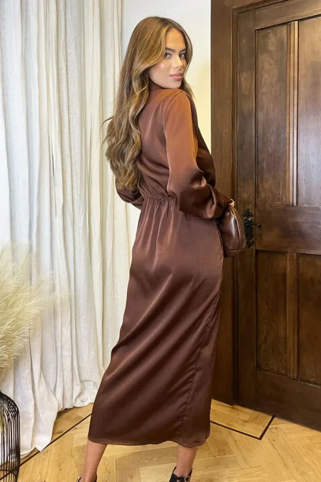 AX Paris Dresses Chocolate Satin Wrap Shirt Midi Dress