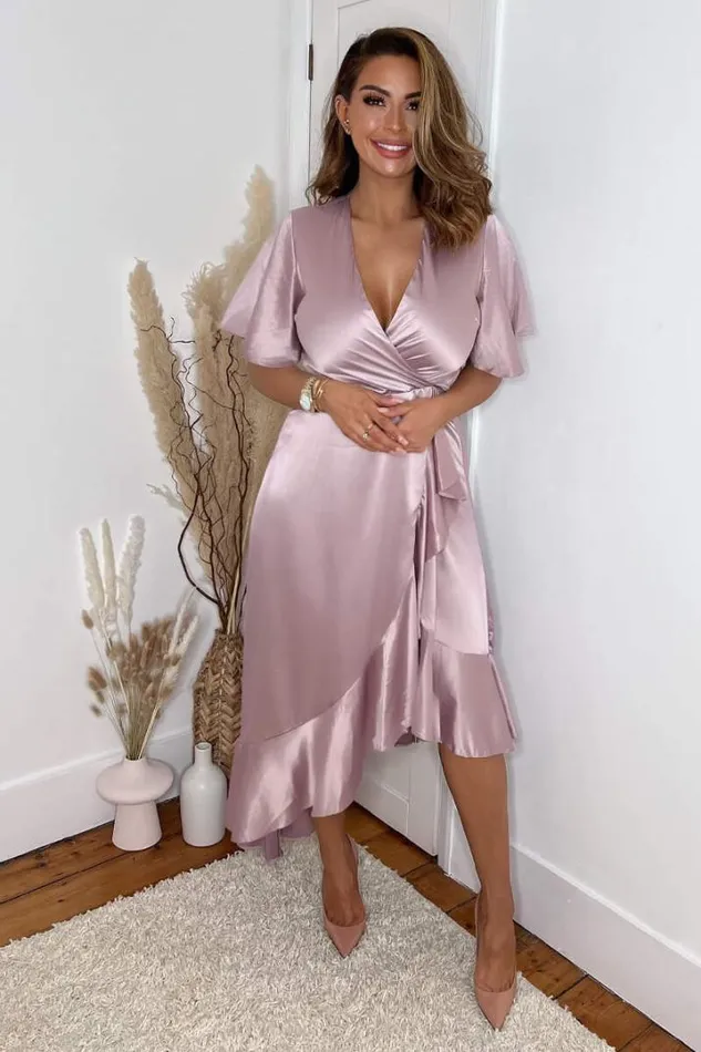 AX Paris Dresses Dusty Pink Satin Frill Hem Short Sleeve Midi Dress