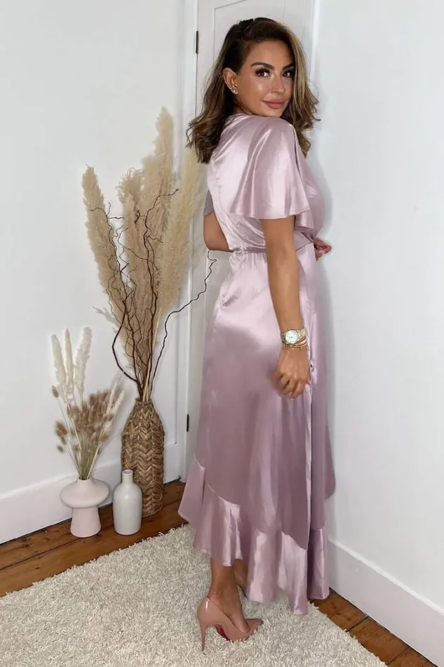AX Paris Dresses Dusty Pink Satin Frill Hem Short Sleeve Midi Dress