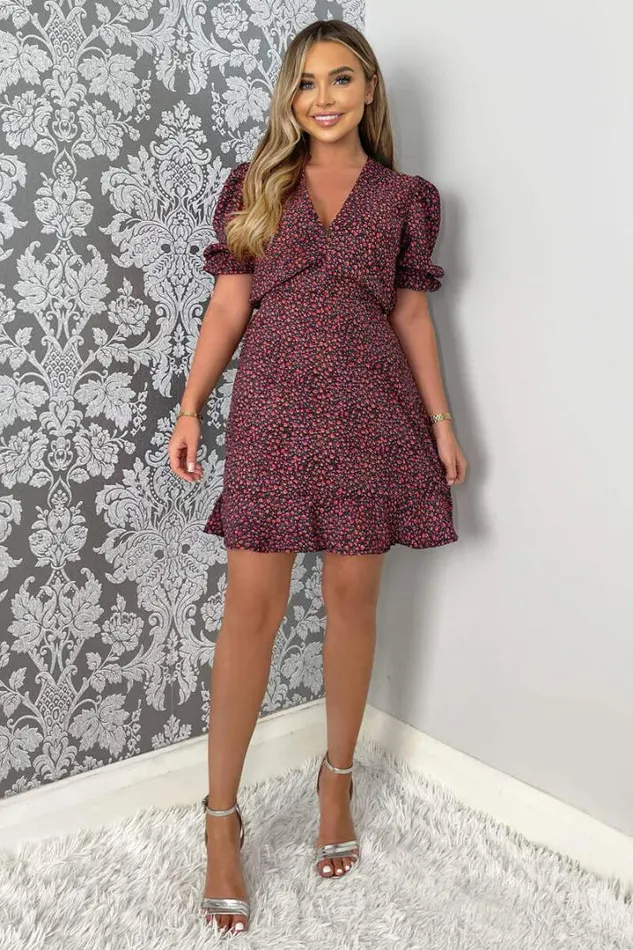 AX Paris Dresses Floral Printed Short Sleeve Mini Skater Dress