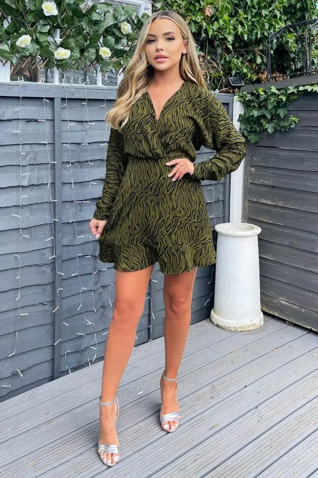 AX Paris Dresses Khaki Animal Print Long Sleeve Mini Skater Dress