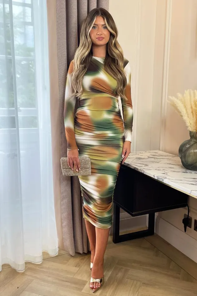 AX Paris Dresses Khaki Printed Long Sleeve Ruched Bodycon Midi Dress
