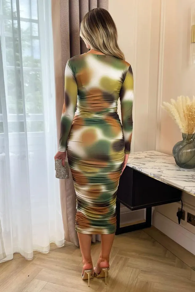 AX Paris Dresses Khaki Printed Long Sleeve Ruched Bodycon Midi Dress
