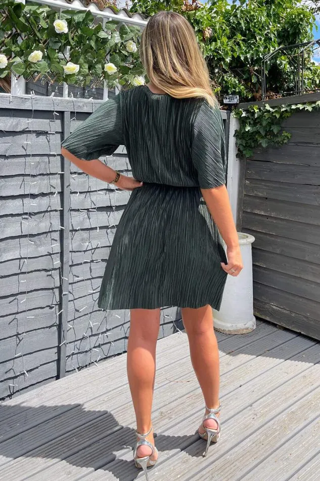 AX Paris Dresses Khaki Wrap Top Belted Short Sleeve Plisse Mini Dress