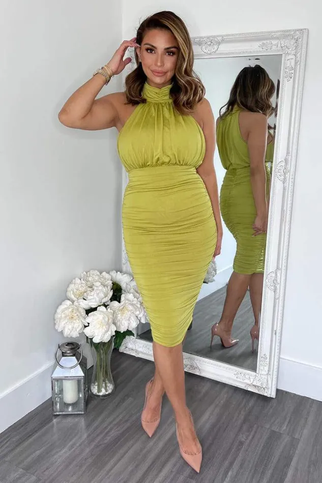 AX Paris Dresses Lime Ruched High Neck Midi Dress