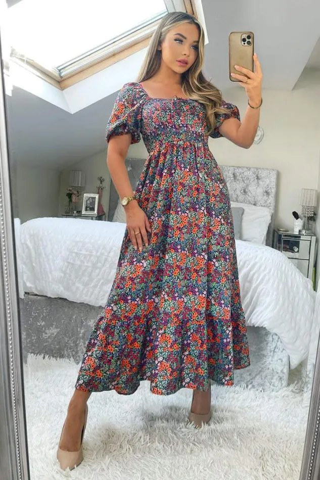 AX Paris Dresses Navy And Orange Floral Printed Puff Sleeve Smock Dress