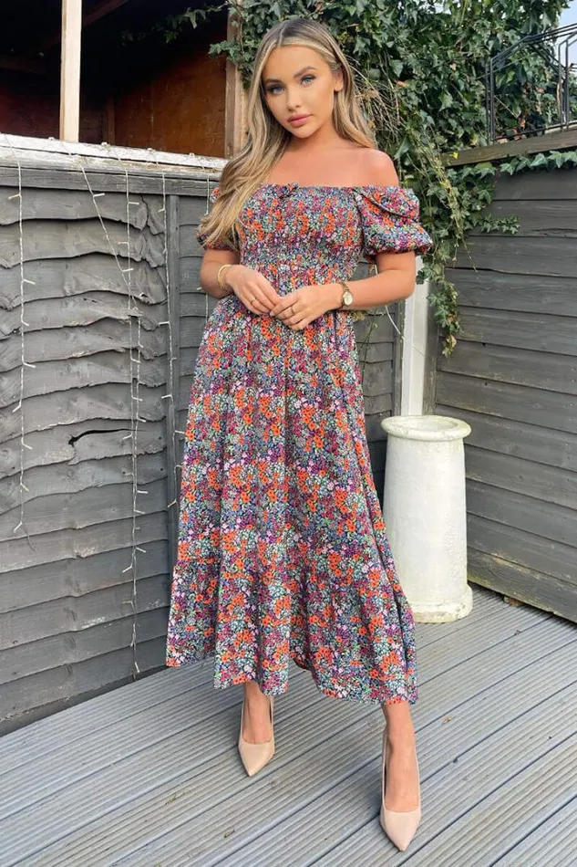 AX Paris Dresses Navy And Orange Floral Printed Puff Sleeve Smock Dress