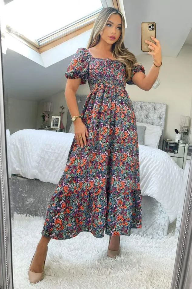 AX Paris Dresses Navy And Orange Floral Printed Puff Sleeve Smock Dress