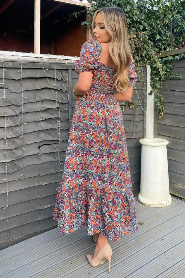 AX Paris Dresses Navy And Orange Floral Printed Puff Sleeve Smock Dress