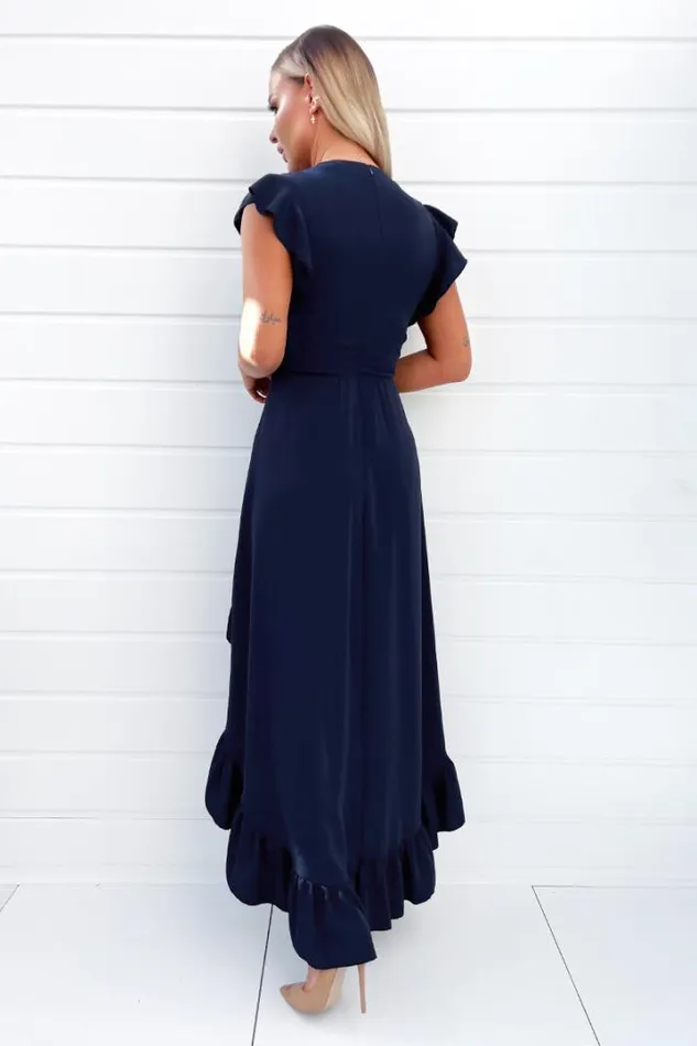 AX Paris Dresses Navy High Low Frill Hem V Neck Midi Dress
