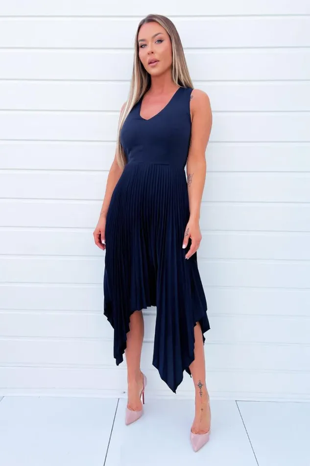 AX Paris Dresses Navy V Neck Pleated Skirt Belted Waist Midi Dress