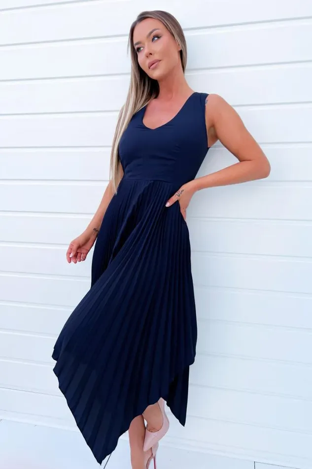 AX Paris Dresses Navy V Neck Pleated Skirt Belted Waist Midi Dress