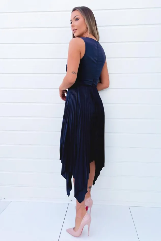 AX Paris Dresses Navy V Neck Pleated Skirt Belted Waist Midi Dress