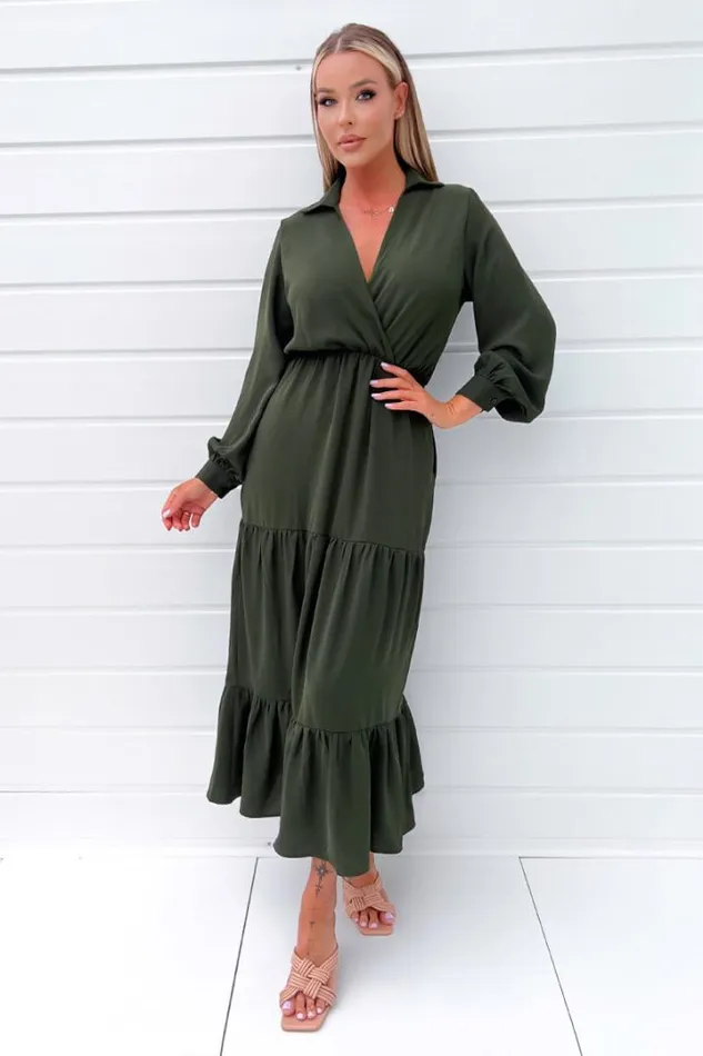 AX Paris Dresses Olive Long Sleeve Wrap Top Smock Midi Dress