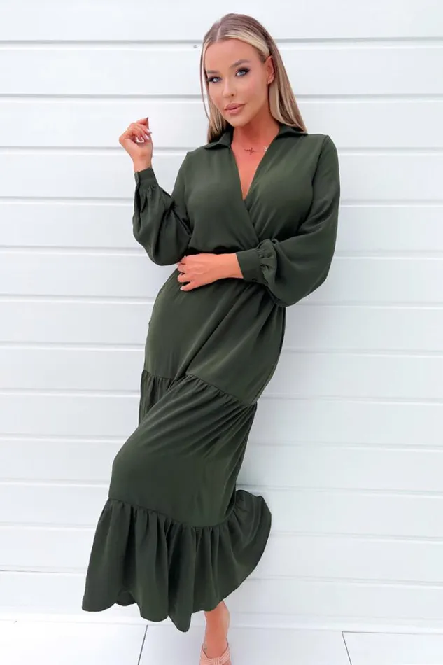 AX Paris Dresses Olive Long Sleeve Wrap Top Smock Midi Dress