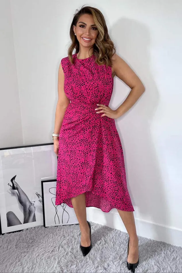 AX Paris Dresses Pink And Black Printed Gathered Midi Dress