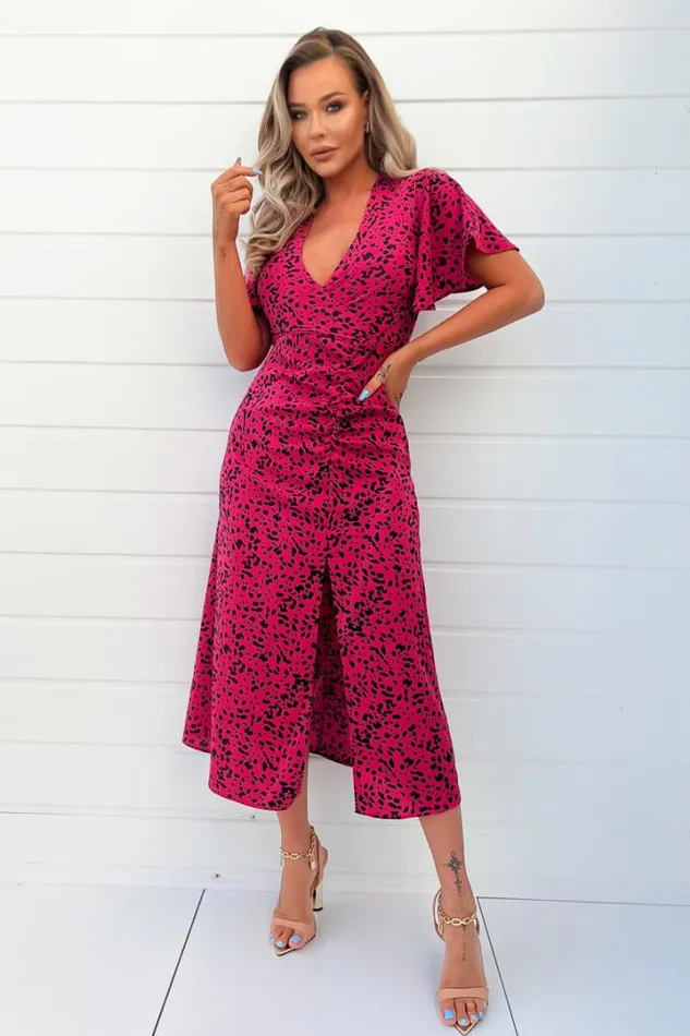 AX Paris Dresses Pink And Black Printed Split Skirt Midi Dress