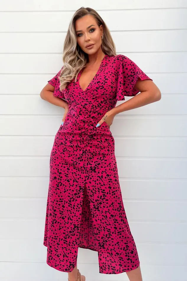 AX Paris Dresses Pink And Black Printed Split Skirt Midi Dress