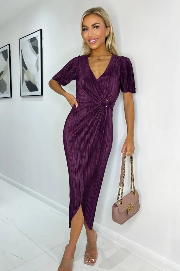 AX Paris Dresses Plum Short Sleeve Plisse Wrap Midi Dress