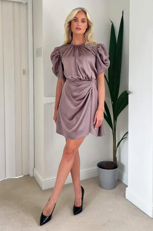 AX Paris Dresses Taupe Short Puff Sleeve Gathered Side Mini Dress