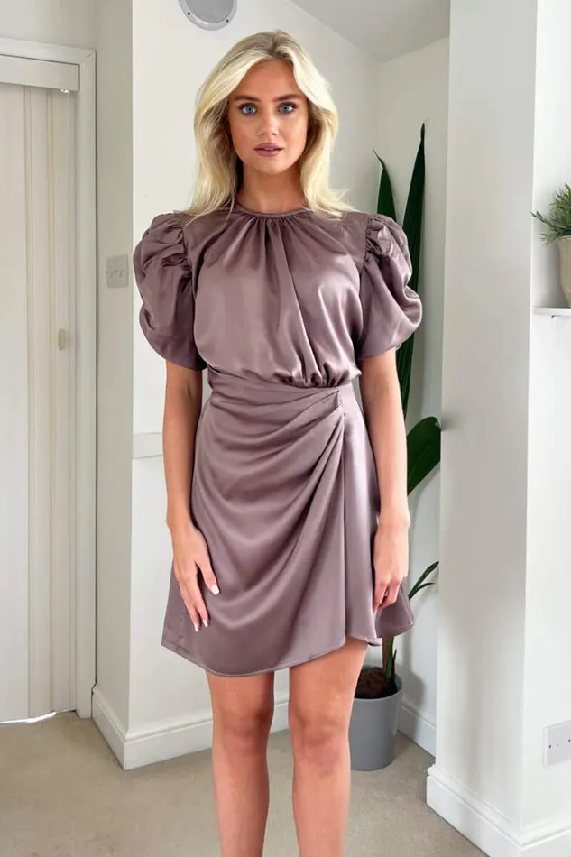 AX Paris Dresses Taupe Short Puff Sleeve Gathered Side Mini Dress