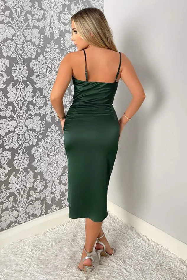 AX Paris Dresses Teal Pleated Wrap Cowl Neck Satin Midi Dress