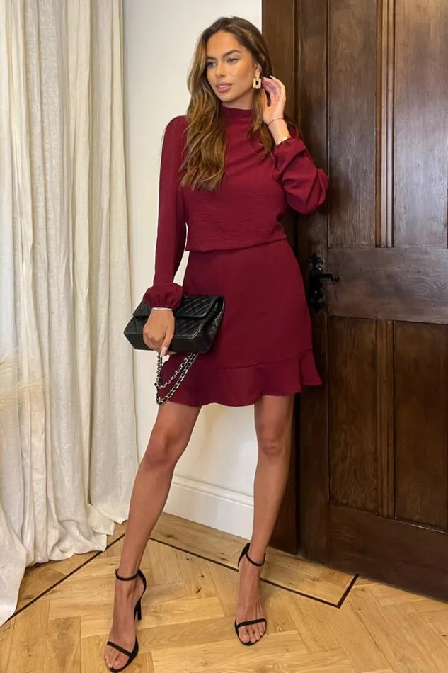 AX Paris Dresses Wine High Neck Long Sleeve Mini Dress