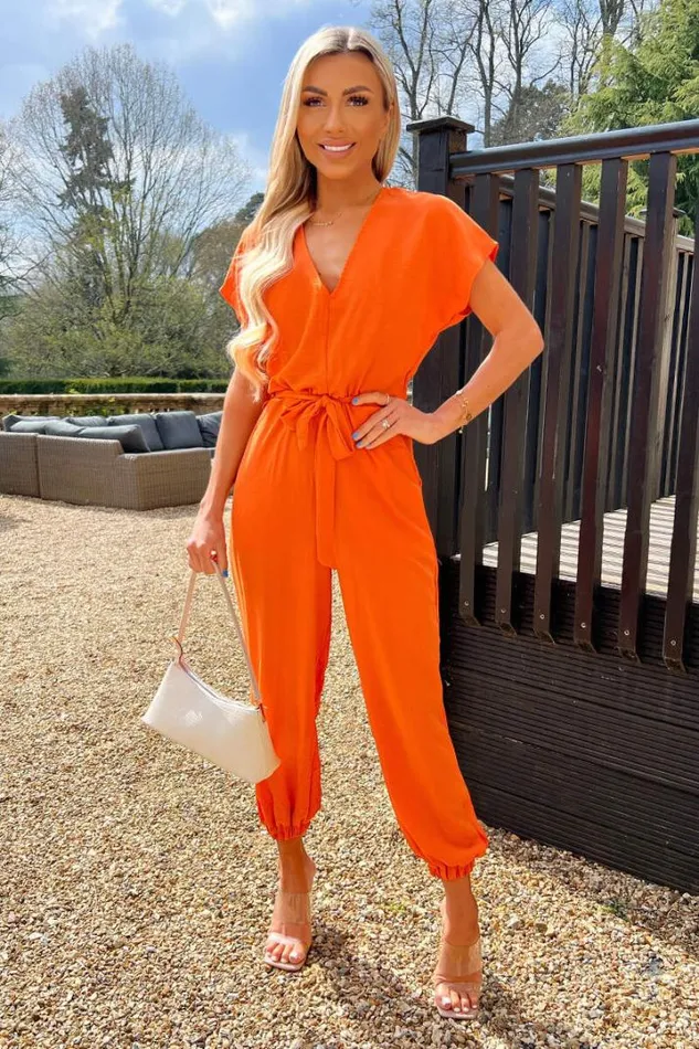 AX Paris Jumpsuits And Playsuits Burnt Orange V Neck Short Sleeve Belted Elasticated Cuff Jumpsuit AX Paris Jumpsuits And Playsuits Burnt Orange V Neck Short Sleeve Belted Elasticated Cuff Jumpsuit