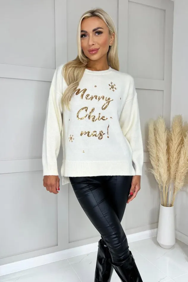 AX Paris Knitwear Cream Merry Chicmas Sequin Knit Jumper