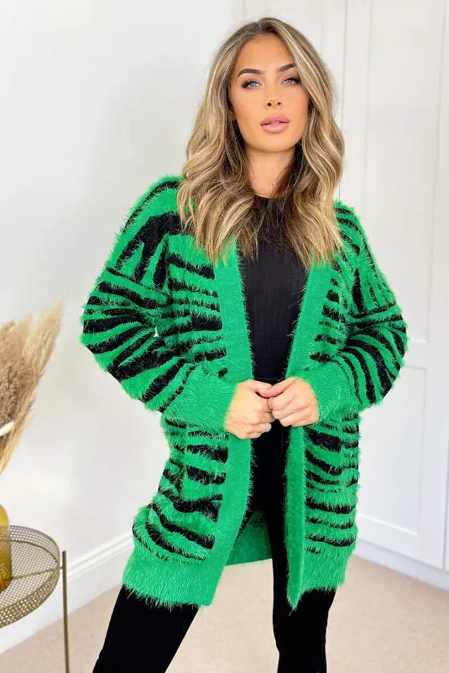 AX Paris Knitwear Green And Black Fluffy Knit Long Sleeve Animal Print Cardigan AX Paris Knitwear Green And Black Fluffy Knit Long Sleeve Animal Print Cardigan