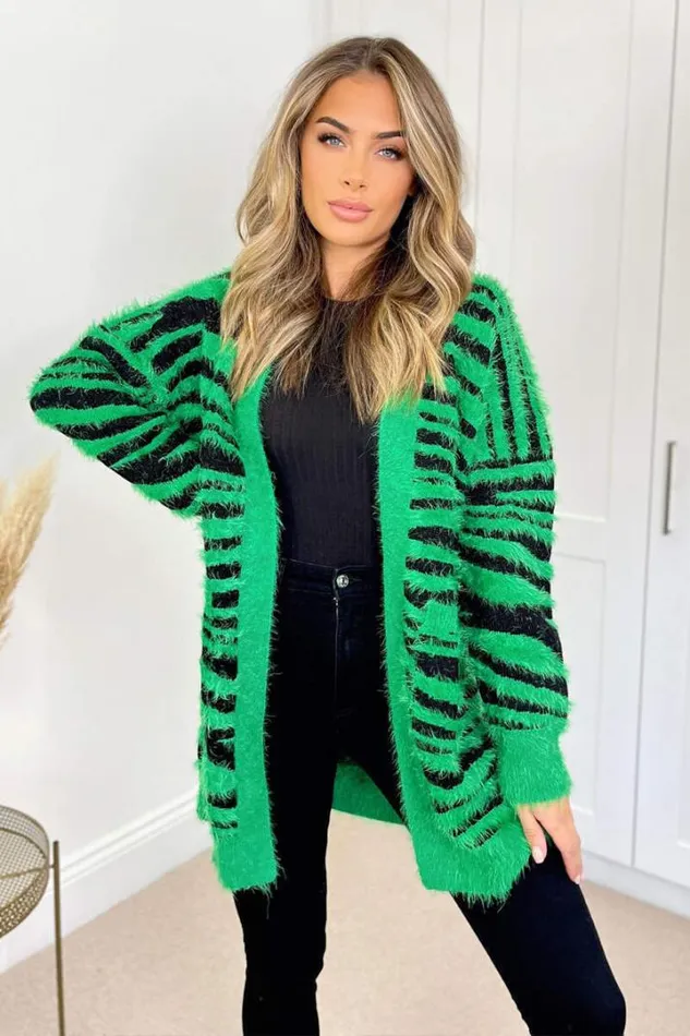 AX Paris Knitwear Green And Black Fluffy Knit Long Sleeve Animal Print Cardigan