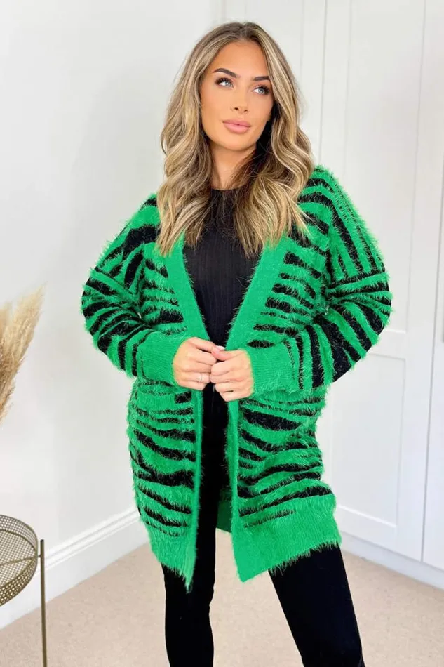 AX Paris Knitwear Green And Black Fluffy Knit Long Sleeve Animal Print Cardigan