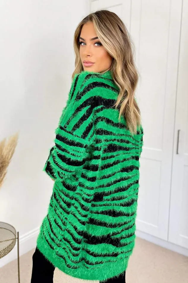 AX Paris Knitwear Green And Black Fluffy Knit Long Sleeve Animal Print Cardigan