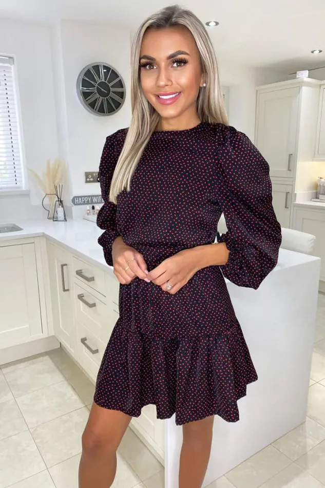 AX Paris Skater Dresses Black Dotty Puff Sleeve Pleated Skater Dress